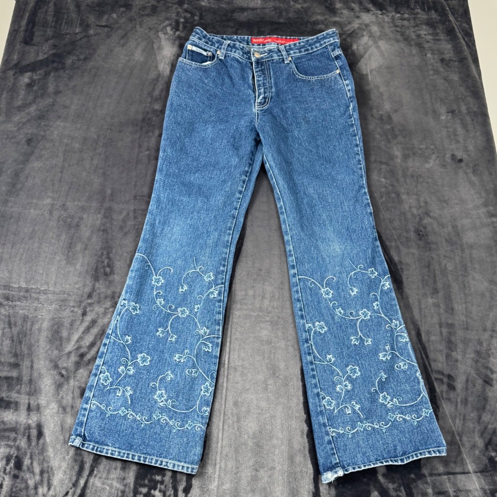 Revolt Jeans Women 11/12 Blue Floral Embroidered Flare Leg High Rise Denim
